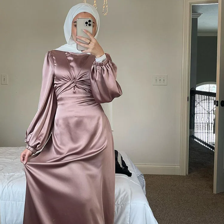 

Maxi Dress High Quality Muslim EID Latest Women Solid Islamic Clothing Satin Silk Abaya Modest Maxi Dress, 5 colors in stock accepted customzied design