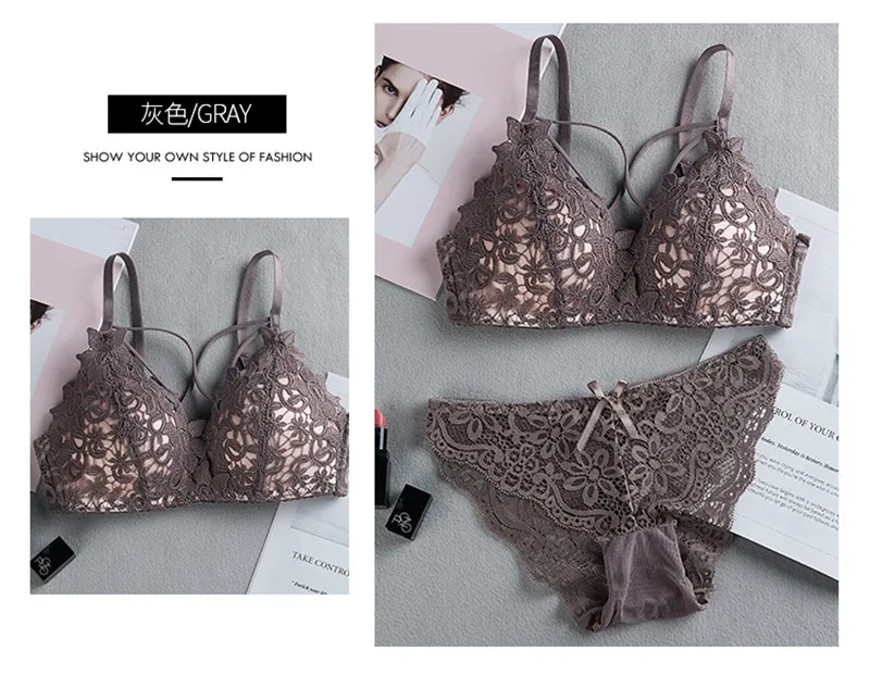 New fashion underwear women sexy thin lingerie set 3/4 Cup embroidered lace wireless sexy bra brief sets