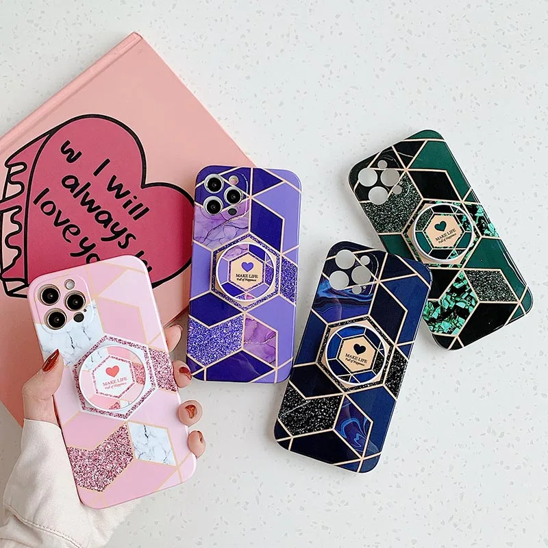 

Electroplated Geometric Marble Phone Cases For iPhone 12 mini 12 11 Pro Max Xs Xr Xs Max 6 7 8 Plus SE 2020 With Bracket, Multi