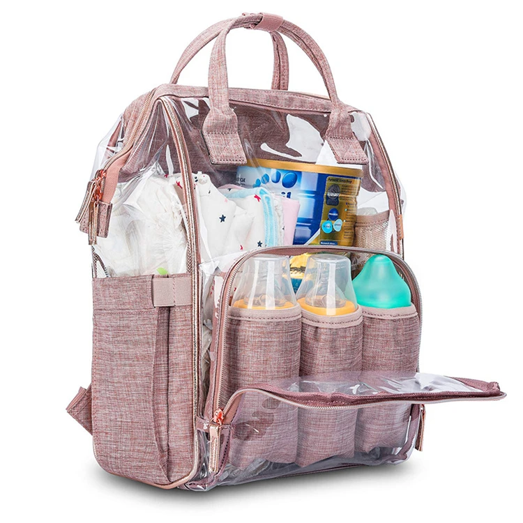 

Wholesale Fashion Transparent Polyester PVC Pink Baby Diaper Bag Backpack mommy hospital bags, As pictures