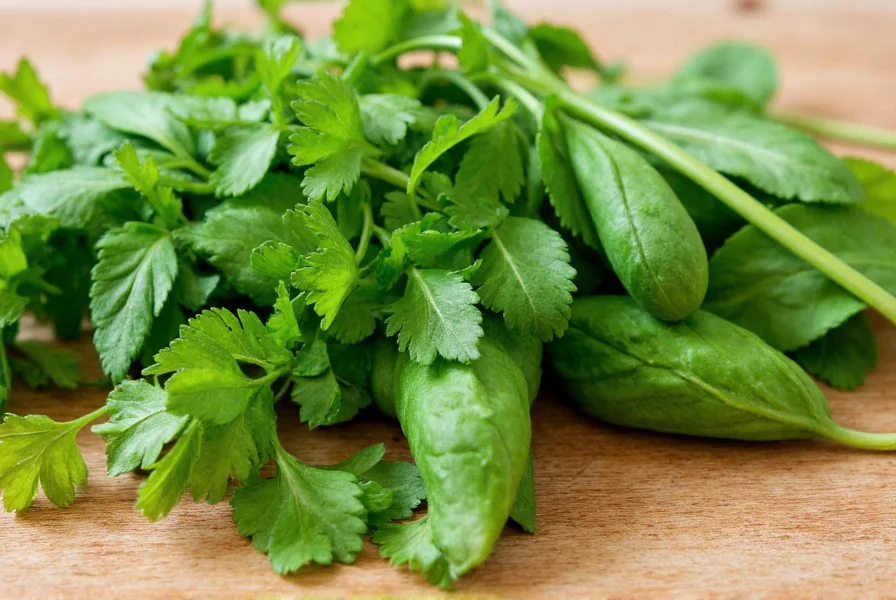 Close-up photography of various fresh green herbs including parsley, cilantro, and basil arranged on wooden cutting board