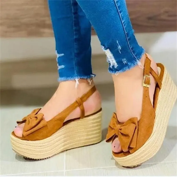 

Bow knot decor faux leather wedge heels women shoes summer fashion fish mouth slingback lady espadrille platform sandals