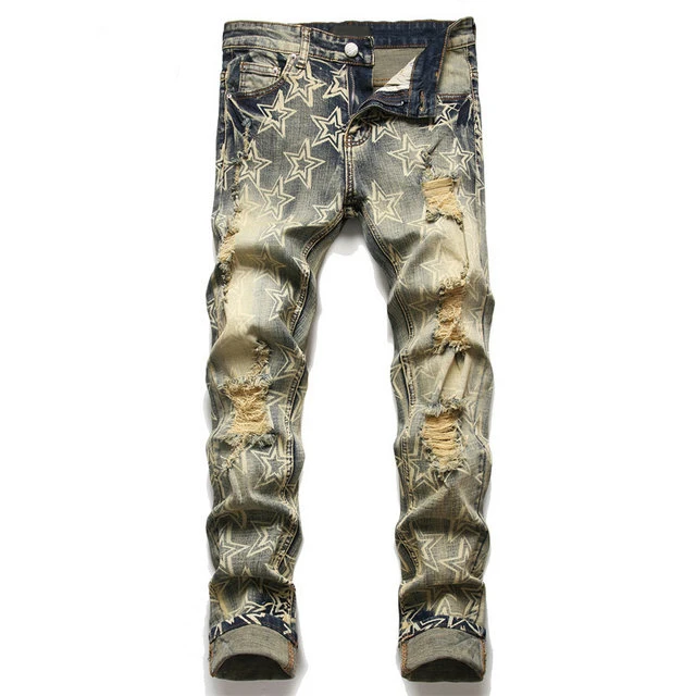 

Vintage Mens Pants High Quality Branded Men Male Star Printing Denim Trousers Washed Hole Design Amirys Jeans