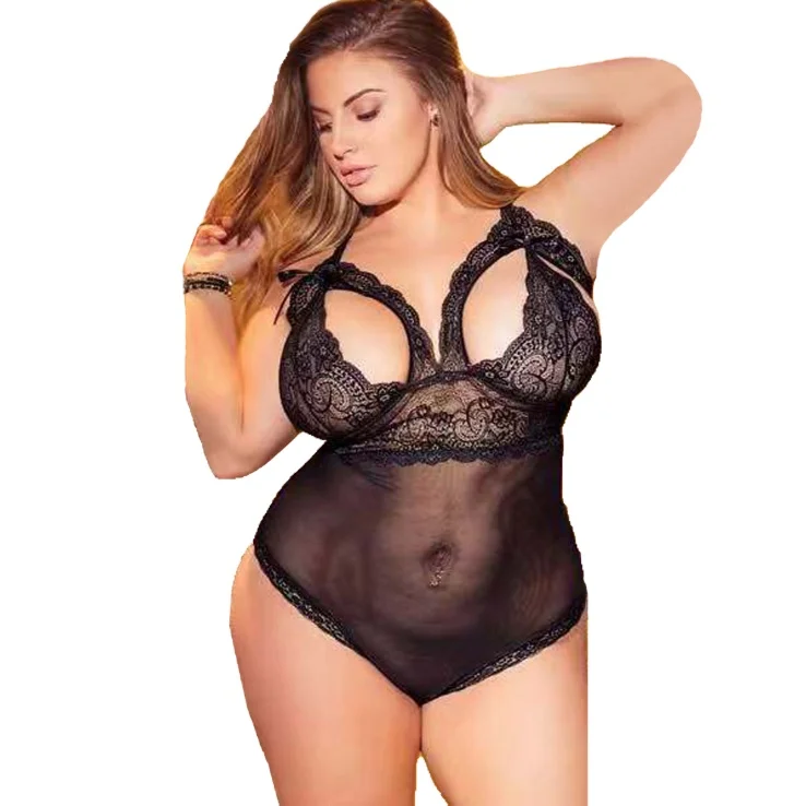 

Mature women transparent plus size teddy bodysuits see through one piece lingerie for fat women, Black