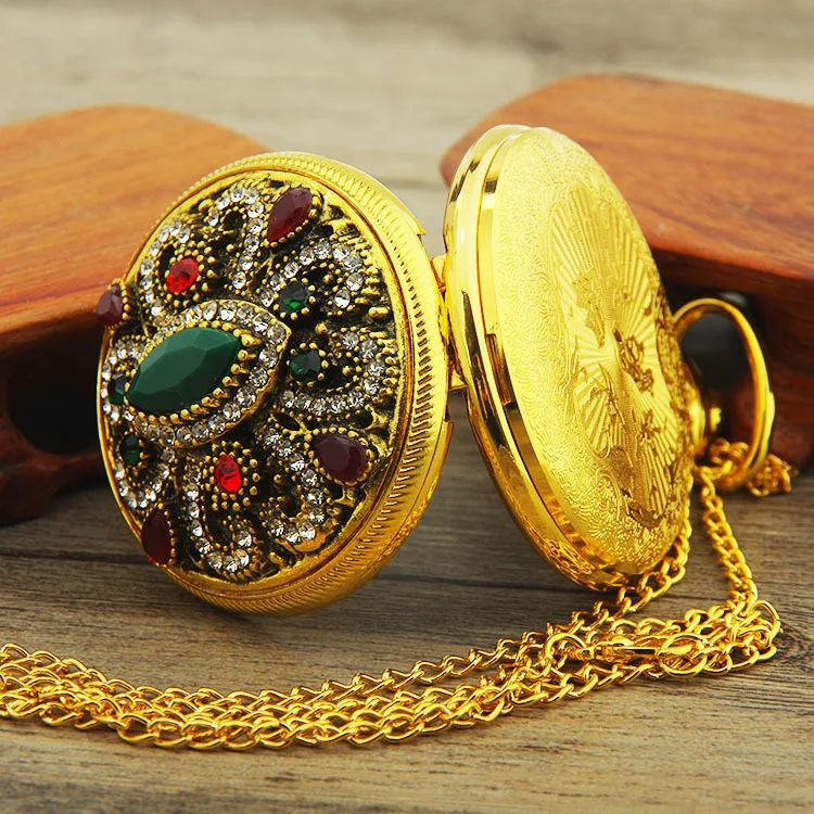 
Custom Brand Your Own Necklace Quartz Pocket Watches Flip Unisex Retro Red Diamond Pocket Watch Fashion Quartz Pocket Watch 