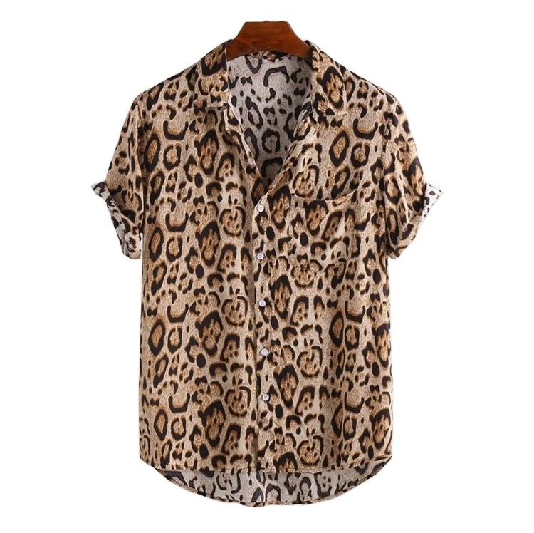 

Custom printed logo summer casual mens hawaiian aloha beach short sleeve print leopard shirt