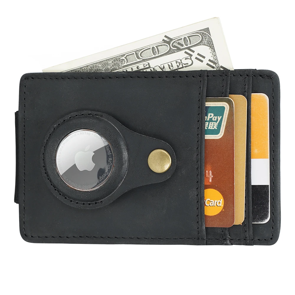 

TIDING New Design High Quality Black Genuine Cow Leather Money Clip RFID Blocking AirTag Leather Front Pocket Wallet For Men