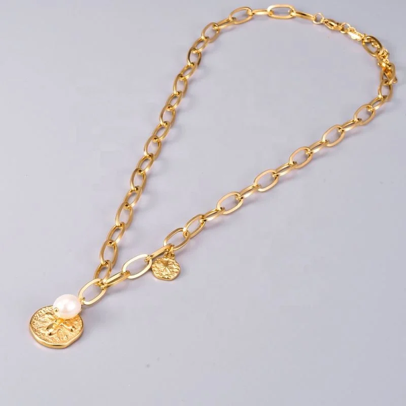 

Jewelry 18K Gold Plated Pearl link Chain Necklace Stainless Steel Necklace