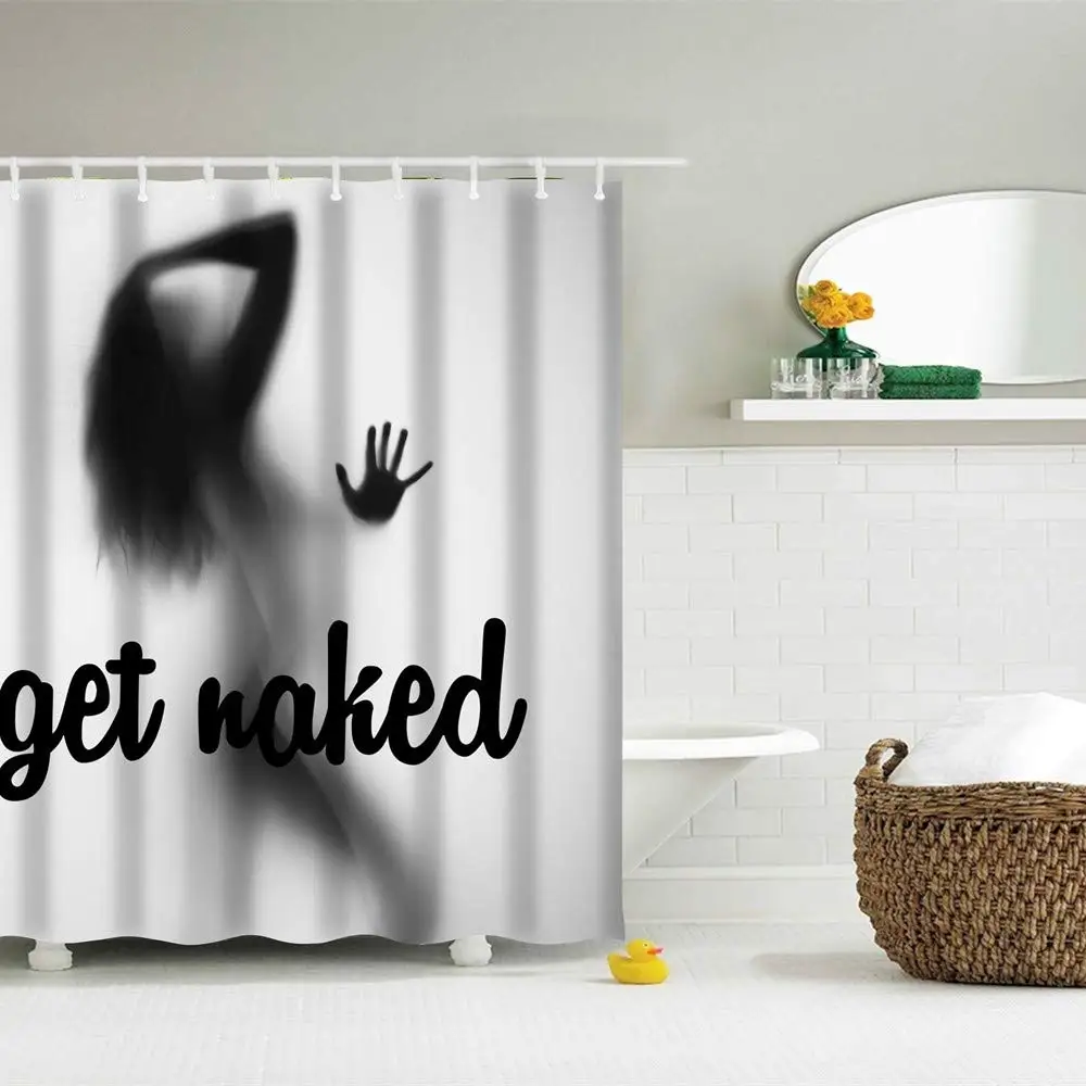 

Funny Get Naked Shower Curtain Girl Quotes White Black Gray Silhouette Woman Lady Alphabet Script Cool Bath curtain Sets, Customized