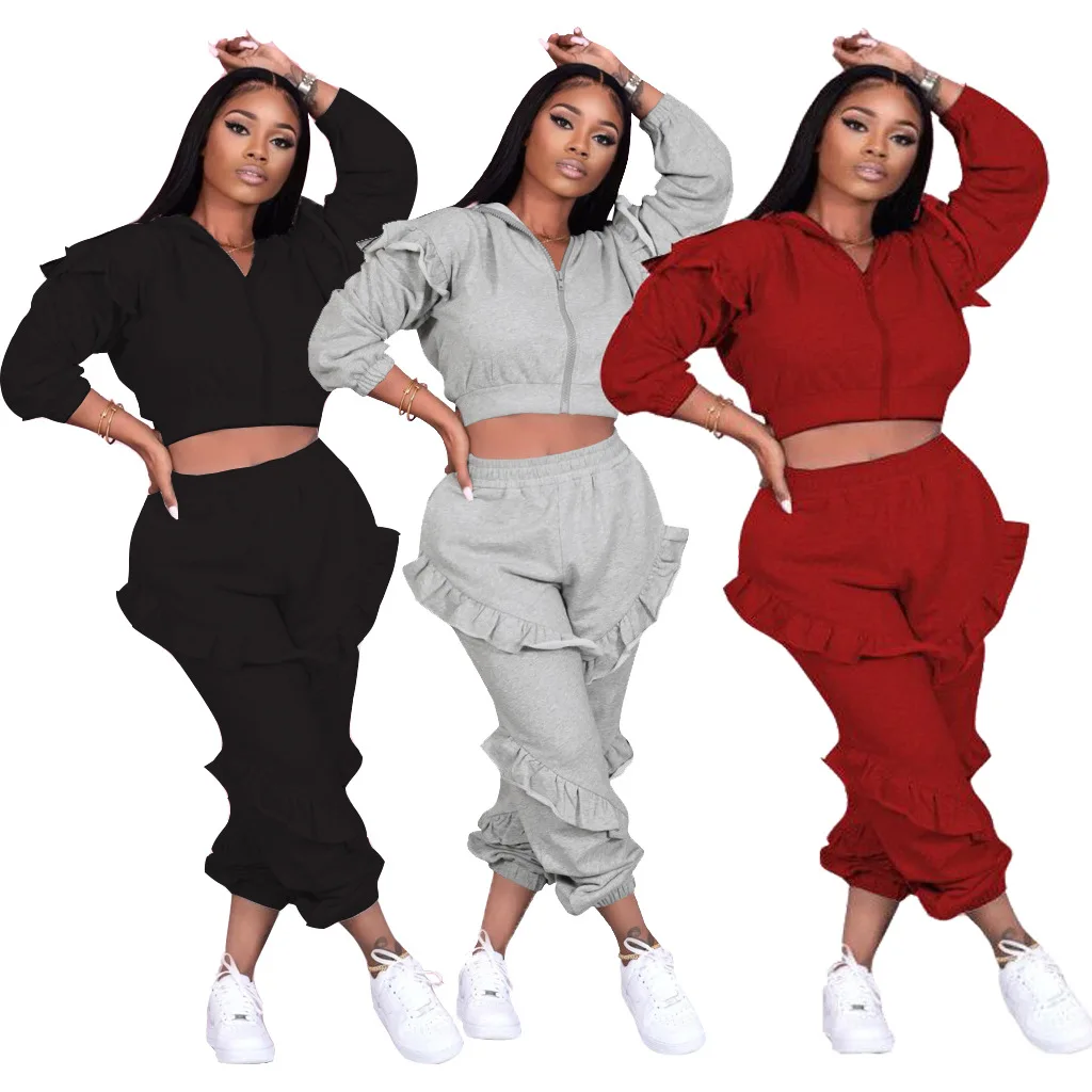 

Wholesale Women Sexy Sweatshirts Hoodies Two Piece Set Solid Color Long Sleeve Crop Top And Pants Women Casual Tracksuit