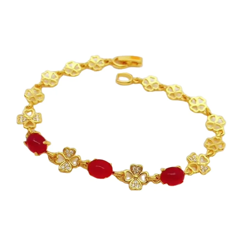 

Gold Bracelet Vietnam Sand Gold Bracelet Women'S Four-Leaf Clover 24K Gold-Plated Inlaid Ruby Wedding Gift