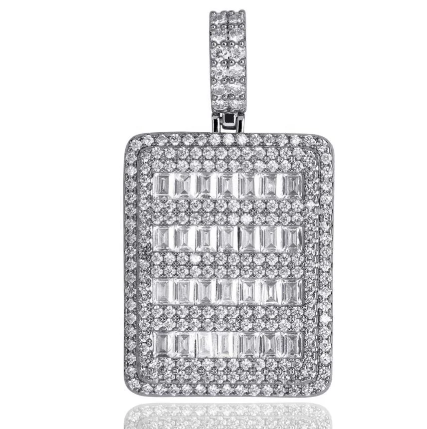 

Hip Hop Fine Jewelry Full Of Zircon Rectangular Square Mens Necklace Ice Out Baguette CZ Dogtag Pendant, Gold/silver