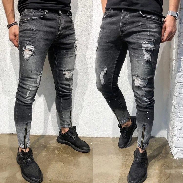 

Hiphop Skinny Slim Biker Destroyed And Zipped Jeans For Men