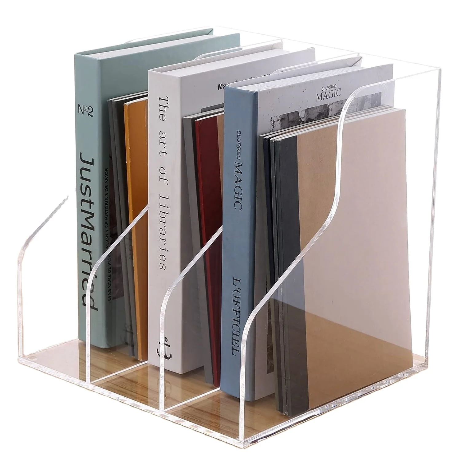 

Acrylic Magazine Holder Desk Workspace Sorters Clear Bookend File Folder Office Accessories Storage with 3 Vertical Compartments