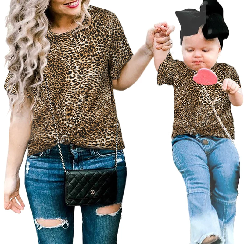 

Wholesale Family Ruffled Sleeves Leopard T Shirt Summer Mommy And Daughter Matching Outfit