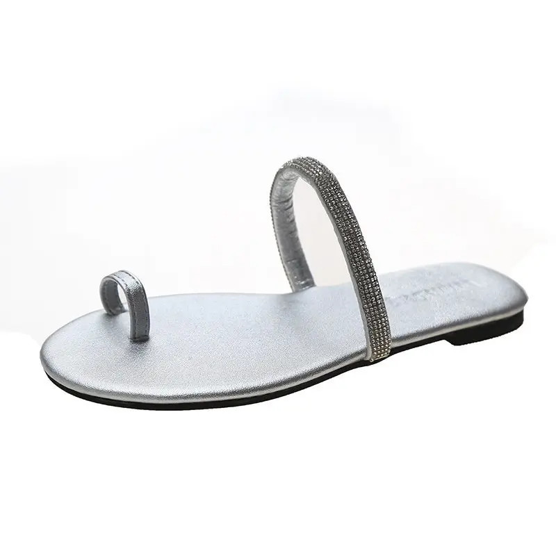 

Factory Sale Casual Street Slippers Plus Size Fair Style Rhinestone Ankle Strap Flat Toe Pure Color Woman Flat Slipper 2021