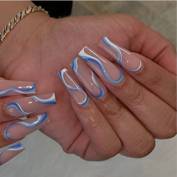 

Factory Supply Hot Selling long Ballerina Coffin French Blue Wave False Nails ABS Pre-Designed Full Cover Press on Nail salon, Natural,multi-color,customized color