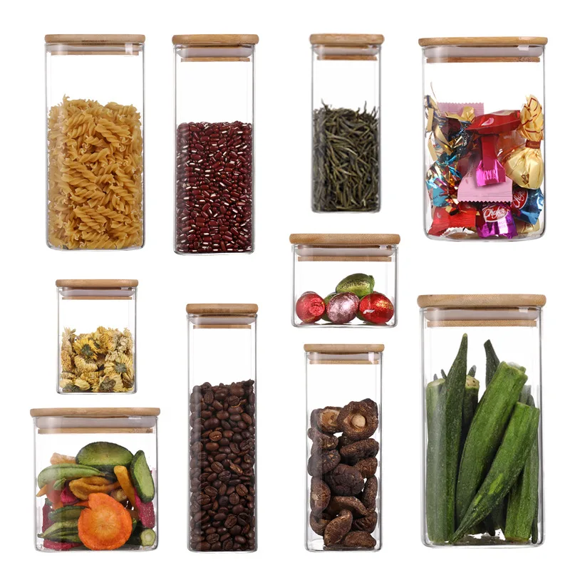 

Pantry Box Glass jars Food Storage Containers with Bamboo Lids square Airtight Clear Kitchen Pantry Organization, Transparent