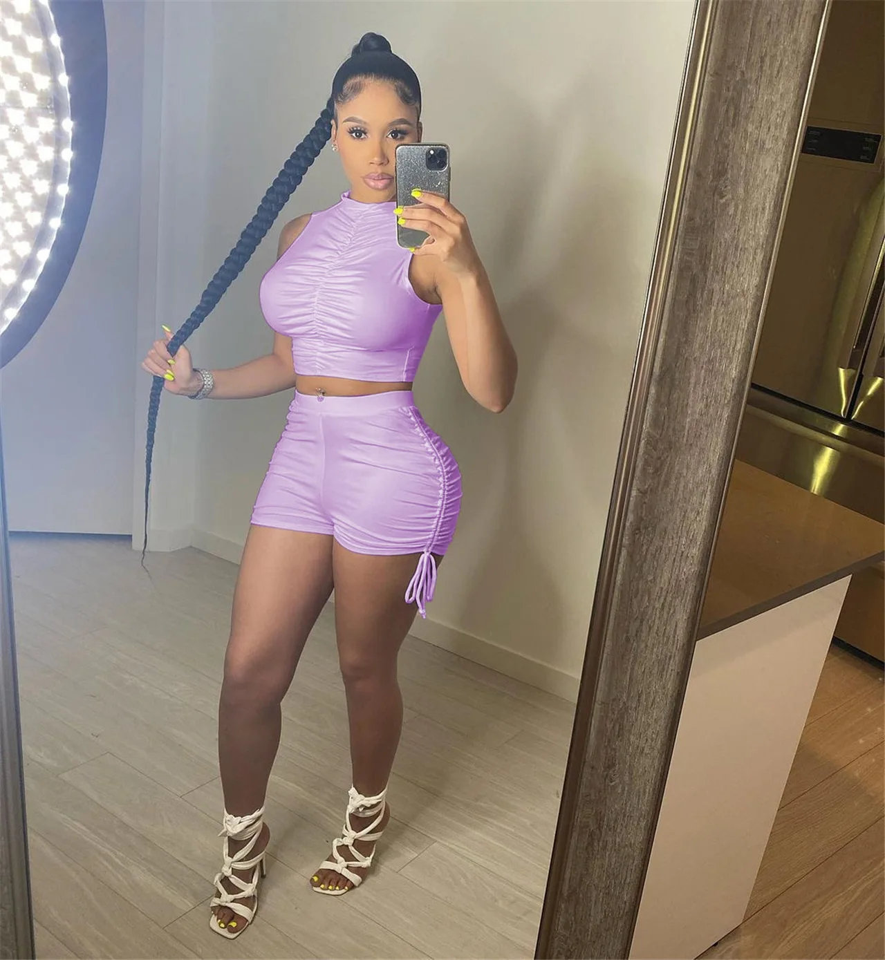 

MT16-770 Ladies Fashion Short Two-piece Set Wholesale Sleeveless Pleated Sexy