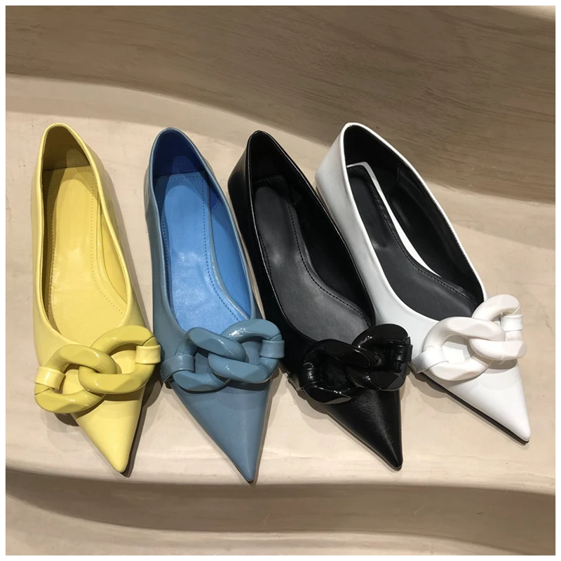 

2021 Brand Design Chain Buckle Flat Shoes Women Flat Heel Ballet Pointed Toe Slip On Female Ballerina Casual Loafers
