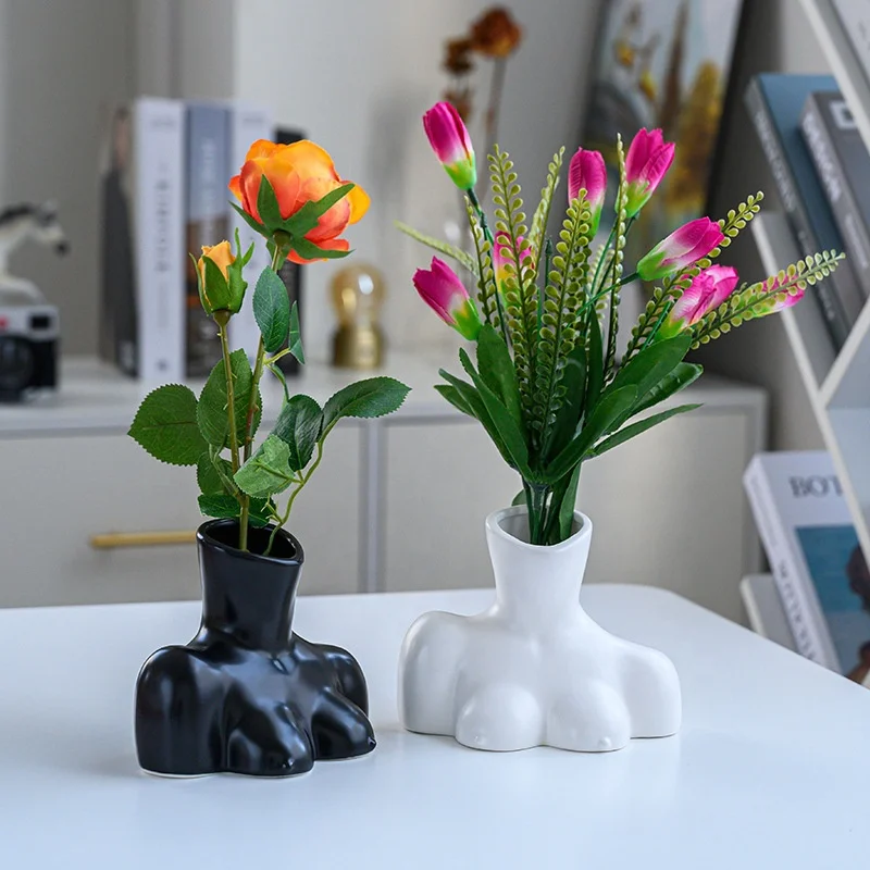 

Woman Body Art Vase Hot Sales Creative White Black Ceramic Art Flower Vase Desktop Home Decorations for mother gift, As picture