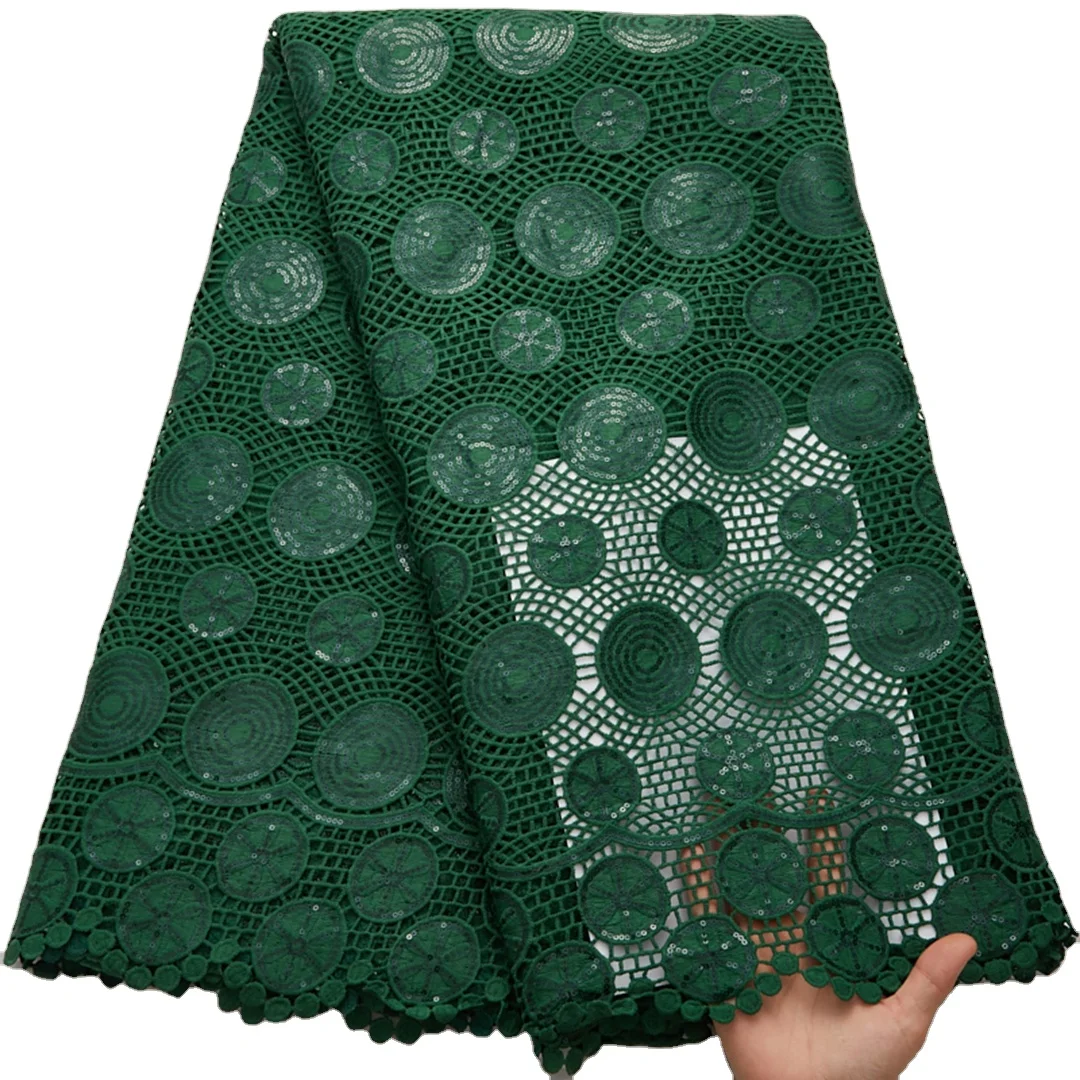

2682 African Water Soluble Guipure Cord Lace Fabric 2022 Latest Nigerian Embroidery Green Sequins Milk Silk Lace