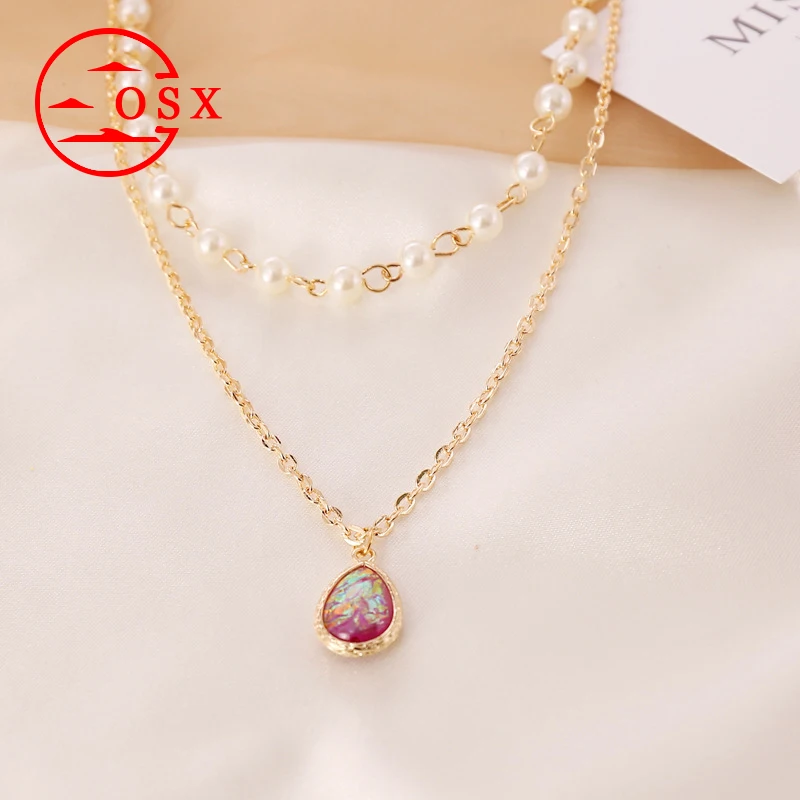 

Ins Fashion Pearl Colored Gems Seaside Vacation Outing Party Multi-layer Gold Chain Necklace Set Woman, Picture shows