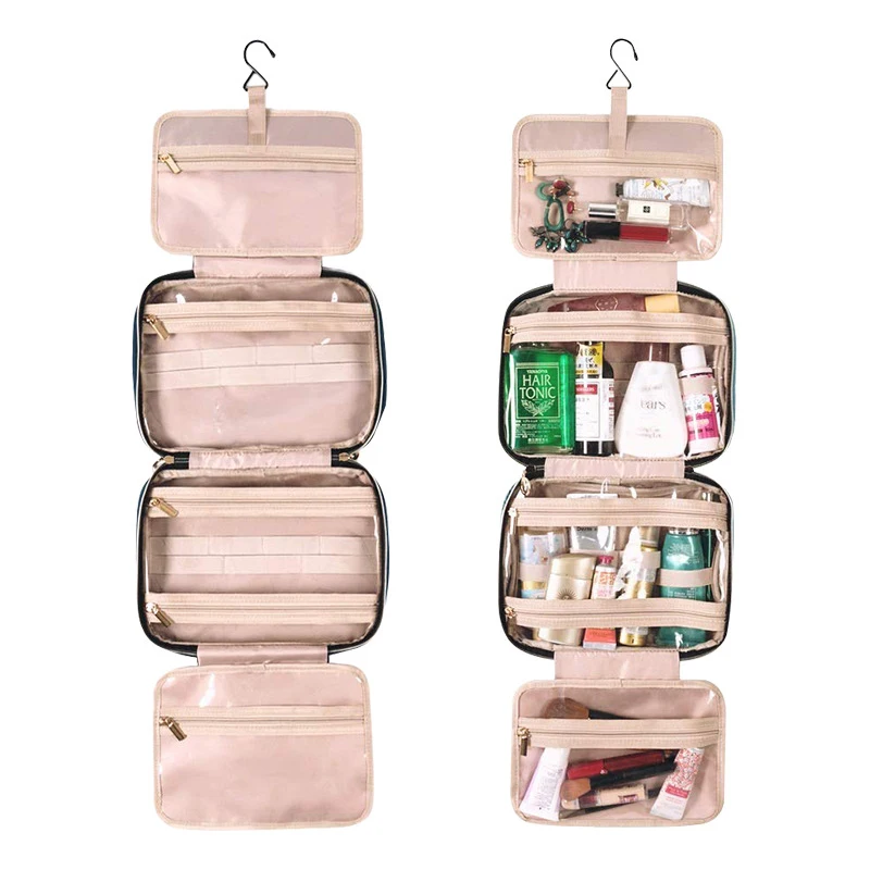 

Waterproof velvet pink cosmetic pouch clear pocket make up accessory organizer toiletry bag travel bag with hanging hook