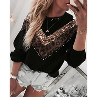 

American hot sell Ladies Fashion Apparel Clothing Blouse Long Sleeve Leopard diamond color block Women Top