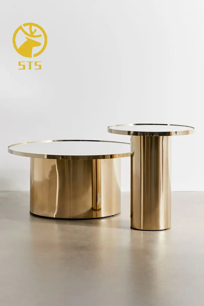 Luxury Remi Mirrored Coffee Table Golden Round Metal Coffee Table Set