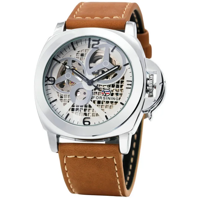 

FORSINING Fashion Men Auto Mechanical Watch Brown Leather Strap Luxury Skeleton Dial 3D Index Design Top Brand Wrist Watches, 6 colour