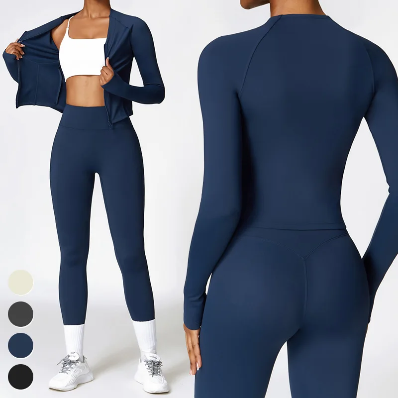 

Custom Running Sports Clothing 2 Piece Suit Workout Wear Gym Fitness Sets Fleece Jacket Scrunch Butt Leggings Yoga Set For Women