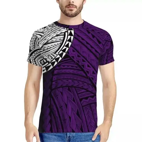

Custom Clothing Manufacturers T shirts for Men purple Polynesian Tribal design Crewneck Short-Sleeve Gym Wear T shirt Men, Customized colors