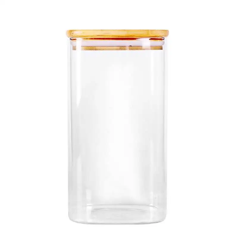 

airtight bamboo lid squared shaped weed herb tea honey jars high borosilicate glass storage jar, Clear