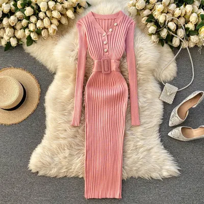 

2021 Latest Fashion Women Autumn Winter Knitted Slim Long Dress