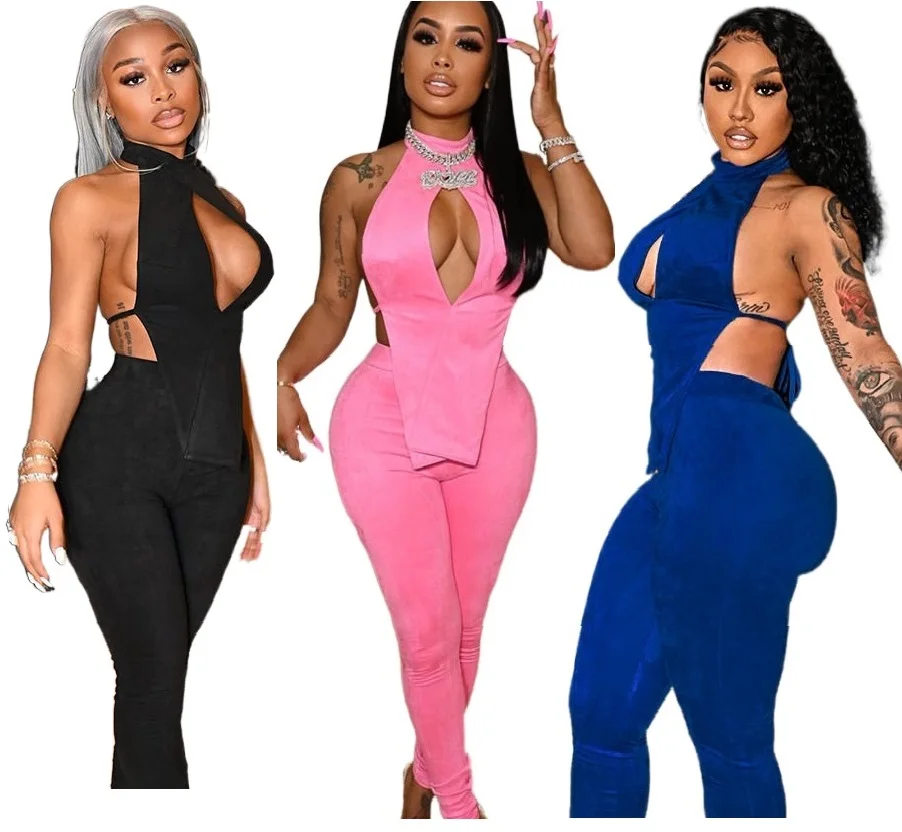 

Fall Outfits For Women Halter Top Tight Jogger Long Pants Suit Sexy Clubwear 2 Piece Pants Sets, Picture