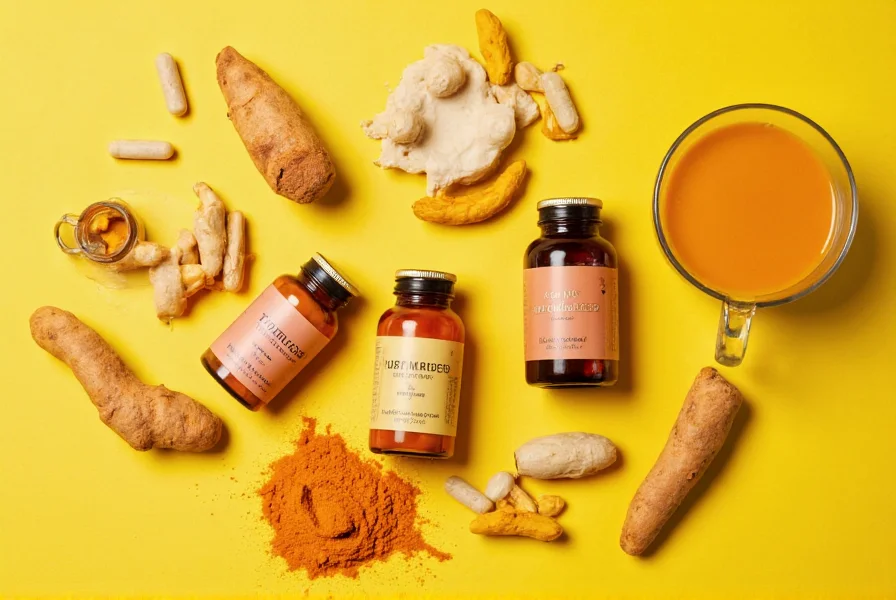 Various turmeric supplement forms including capsules, liquid extracts, and golden milk recipe with fresh turmeric root