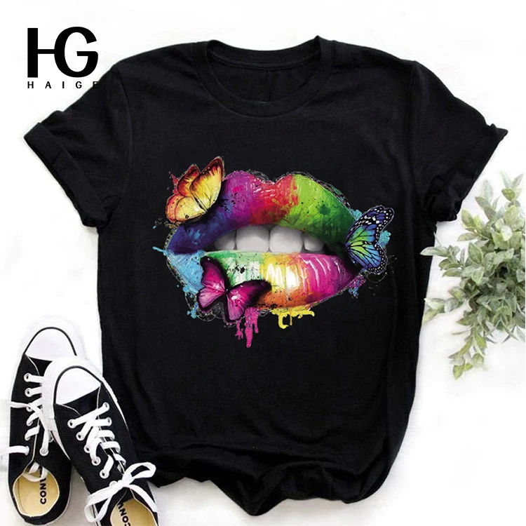 

Female Black T-shirt Rainbow Lip and Butterfly Print Harajuku Women Summer Cotton T Shirt Femme Tops