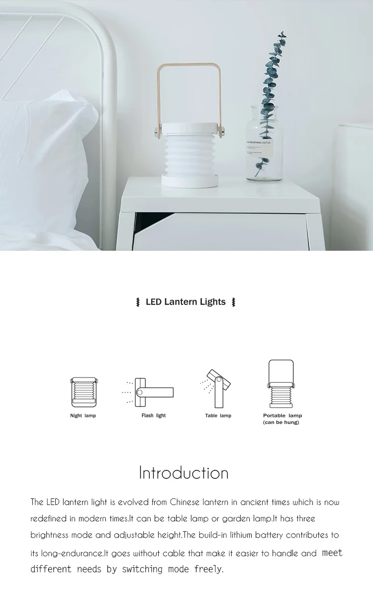USB Rechargeable Wooden Folding Portable Reading Desk LED Lantern lamp for Bedroom