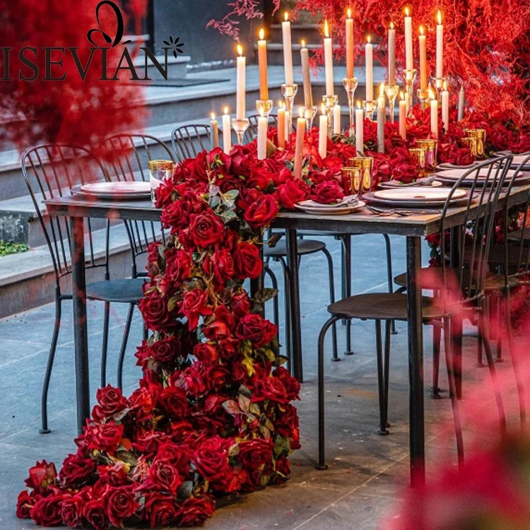 ISEVIAN Red Rose Flower Row Artificial Runner Table Flower Row Decoration for Wedding and Party