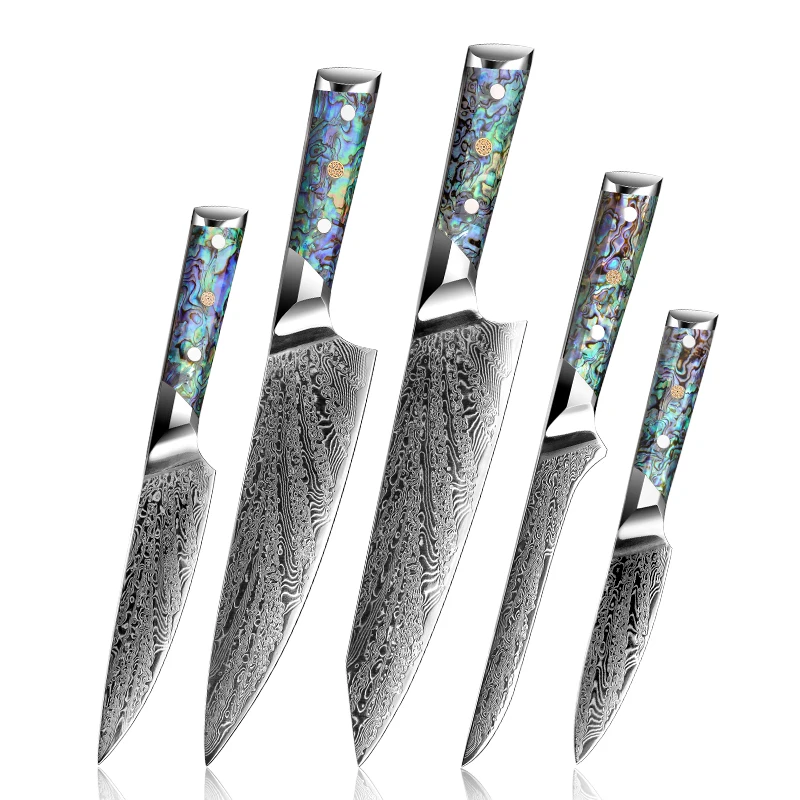 Image of AUS10 Japanese Knives Set Chef Utility Boning Paring Knife Damascus Steel Kitchen Chef Knife Set Abalone Shell Handle