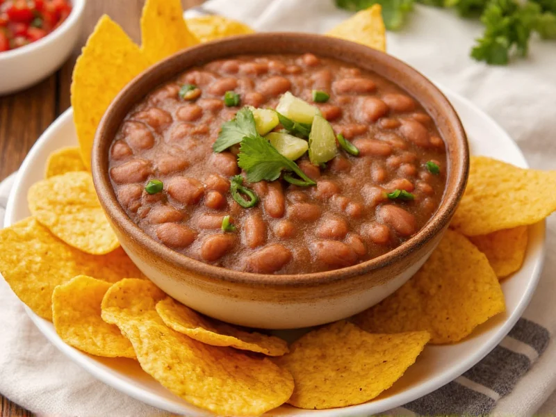 Refried beans served with tortilla chips and fresh salsa