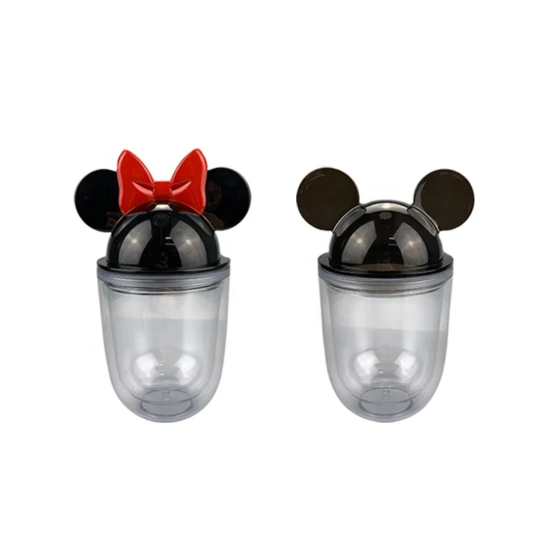 

BPA free 12oz double walled minnie mouse mickey ears reusable water tumblers acrylic mickey mouse cup with straw, Customized color acceptable