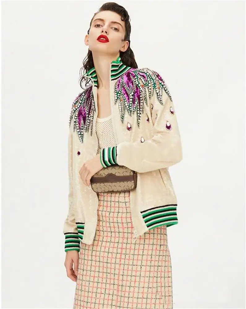 women Embroidered sequin rhinestone beading Bomber Jacket Baseball Jacket coat high neck Fashion For women
