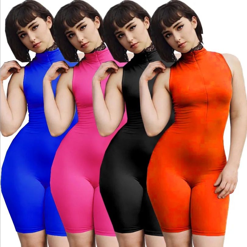 

2021 Summer Solid one piece jumpsuits and Rompers Custom Zipper Vendors Pajamas Adult Butt Flap sleeveless bodycon romper Women