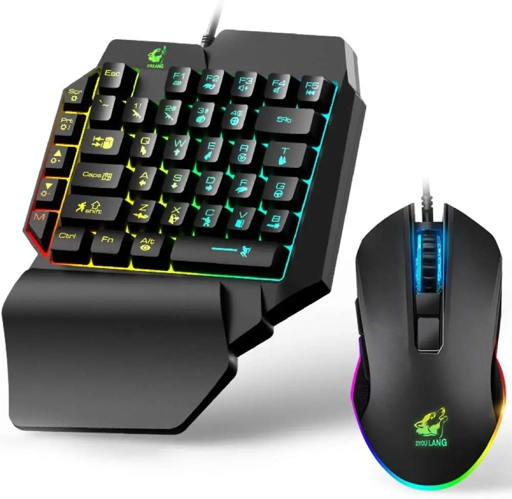 

high quality Ebay Amazon hot selling One Hand Combo Wired Mechanical Feel Rainbow Backlit Gaming Keyboard and Mouse