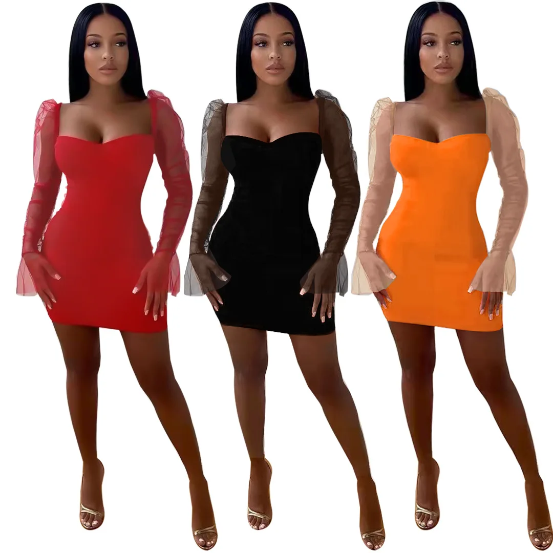 

FE209 dropshipping women clothing fall solid color puff long sleeve sexy mini bodycon casual bandage dress