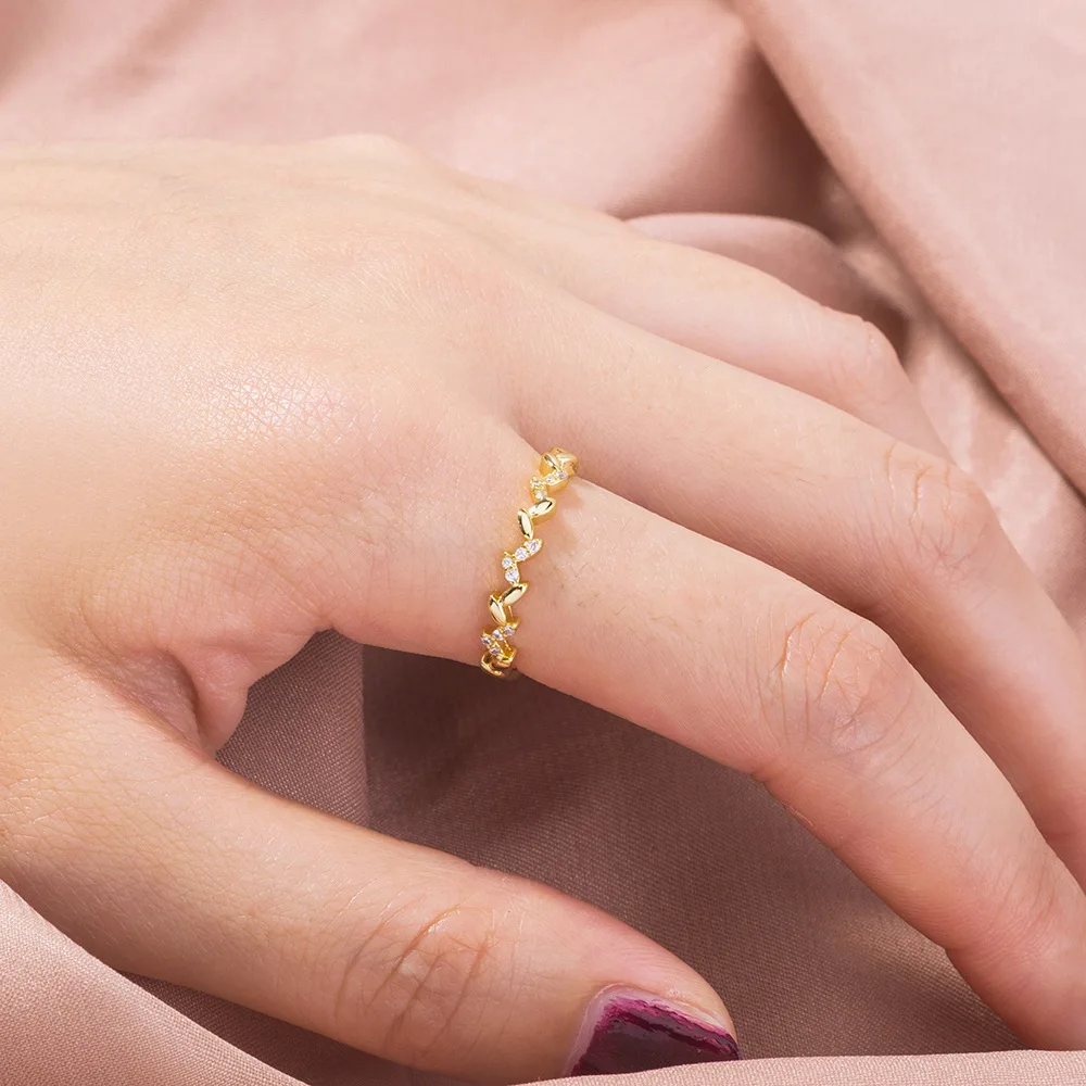 

Luxury Minimalist Jewelry Micro Paved CZ Leaf Ring Exquisite Gold Plated Shiny Leaf Zircon Ring Women Decoration