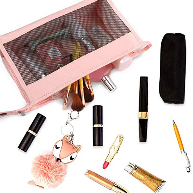 

Custom Leather Trendy Women Luxury Travel Cosmetic Portable Mesh Storage Bags, Customized