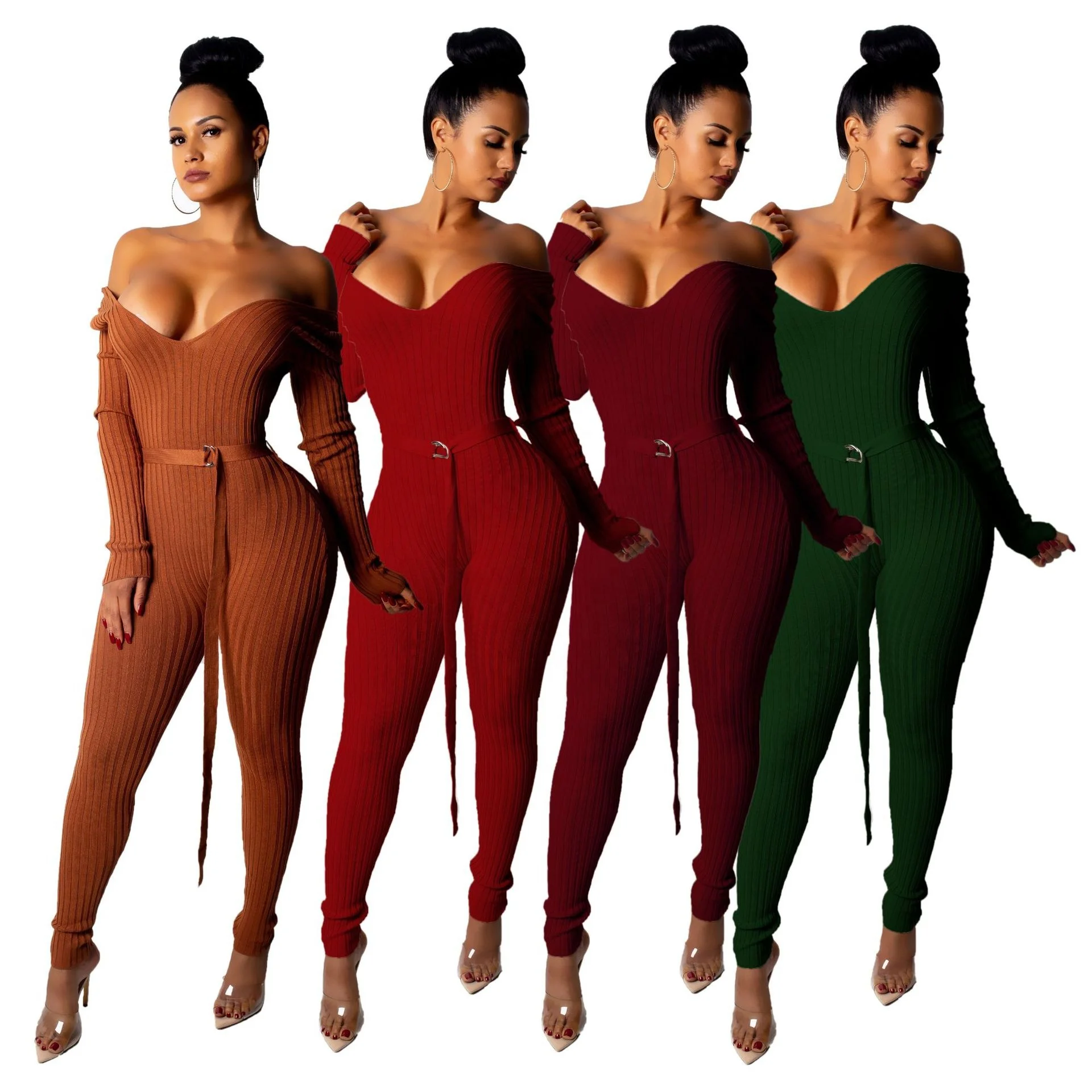 

B51391A ladies sexy off shoulder with belt fashion long sleeve rib jumpsuit, Red/wine red/brown/green
